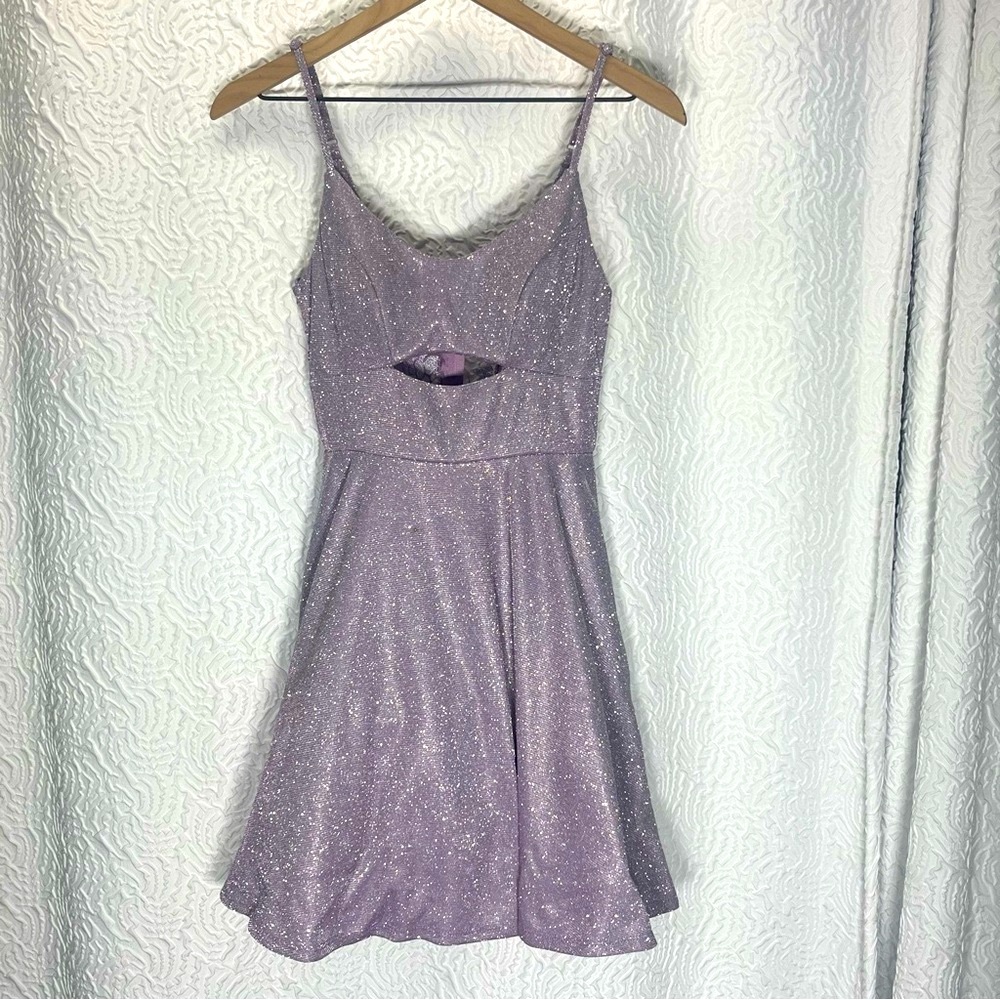 Camille La Vie Purple Glitter Skater Dress V-Neck Cutout Formal Mini